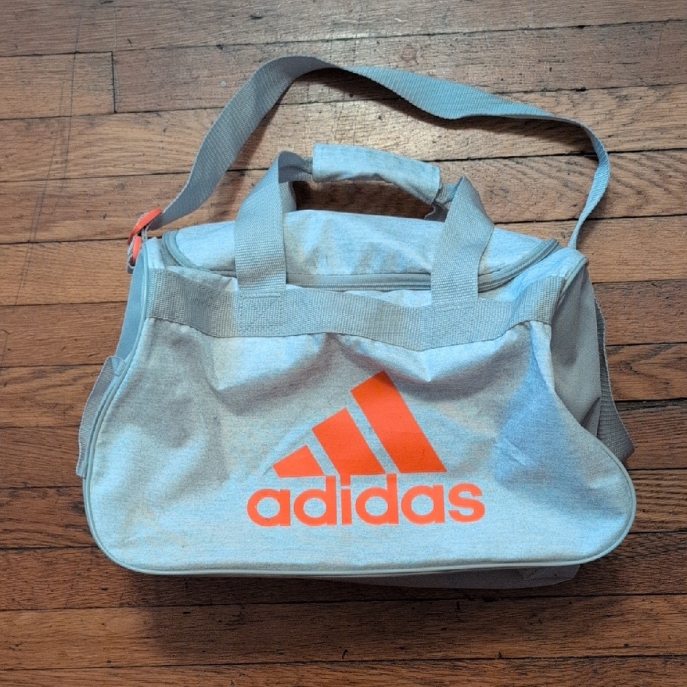 Adidas Light Gray Duffel Workout Gym Bag with Vibrant Orange Logo
